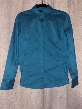 New York & Company Teal Hidden Button-Front stretch Long-Sleeve Shirt